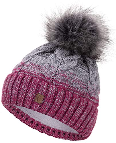 Faera Wintermütze Mütze Damen warm gefüttert mit Kunstfell Bommel-Mütze Fleecefutter Winter Strickmütze Beanie, Farbe:Lila von Faera