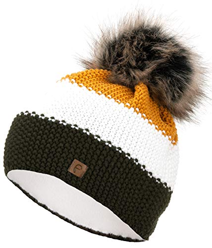 Faera Wintermütze Damen Mütze warm gefüttert Mädchen Bommelmütze Fleecefutter Winter Strickmütze Beanie Herren 35, Farbe:Oliv von Faera