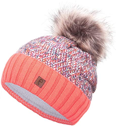 Faera Wintermütze Mütze Damen gefüttert mit Kunstfell Bommelmütze Bommel Fleecefutter Winter Strickmütze Beanie Mädchen, Farbe:Orange von Faera