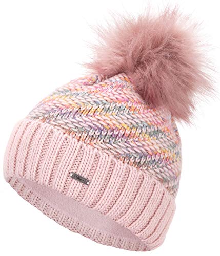 Faera Wintermütze Mütze Damen warm gefüttert mit Kunstfell Bommel Bommelmütze Fleecefutter Winter Strickmütze Beanie Mädchen 42, Farbe:Rose von Faera