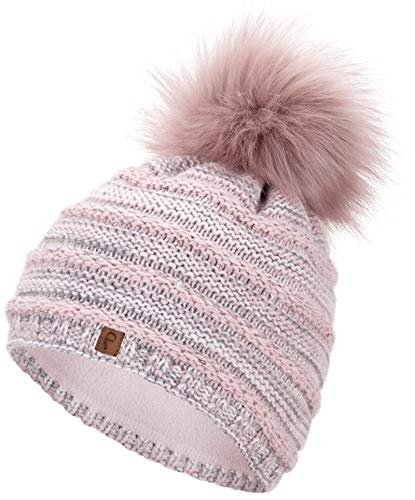 Faera Wintermütze Mütze Damen Pailletten warm gefüttert Bommelmütze Fleecefutter Winter Mädchen Strickmütze Beanie Weihnachten 36, Farbe:Rose von Faera