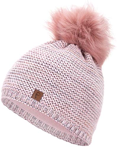 Faera Wintermütze Mütze Damen warm gefüttert Kunstfell Bommel Bommelmütze Fleecefutter Winter Strickmütze Beanie Mütze 31, Farbe:Rose von Faera