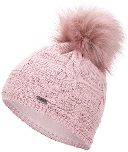 Faera Wintermütze Mütze Damen Pailletten warm gefüttert Bommelmütze Fleecefutter Winter Mädchen Weihnachten Strickmütze Beanie, Farbe:Rose von Faera