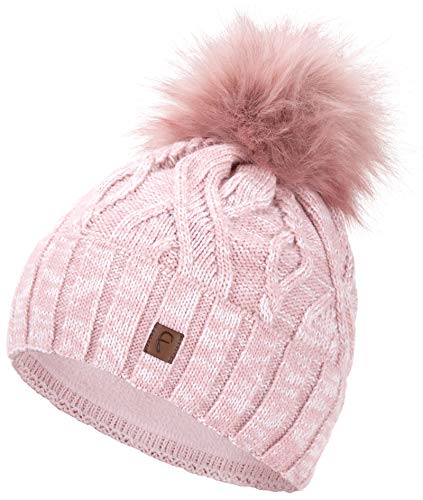 Faera Wintermütze Müttze Damen warm gefüttert mit Bommel Mädchen Bommelmütze Fleecefutter Winter Strickmütze Beanie Herren 33, Farbe:Rose von Faera