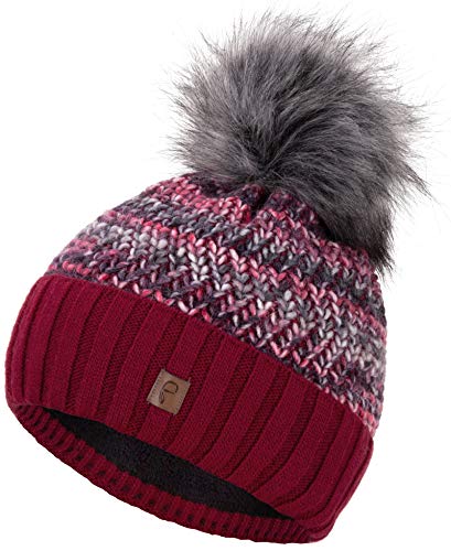 Faera Wintermütze Mütze Damen gefüttert mit Kunstfell Bommelmütze Bommel Fleecefutter Winter Strickmütze Beanie Mädchen, Farbe:Rot von Faera