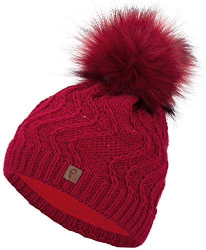 Faera Mütze Damen Wintermütze warm gefüttert mit Kunstfell Bommel Bommelmütze Fleecefutter Winter Strickmütze Beanie, Farbe:Rot von Faera