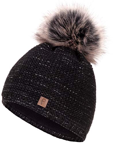 Faera Wintermütze Mütze Damen warm gefüttert Kunstfell Bommel Bommelmütze Fleecefutter Winter Strickmütze Beanie Mütze 31, Farbe:Schwarz von Faera