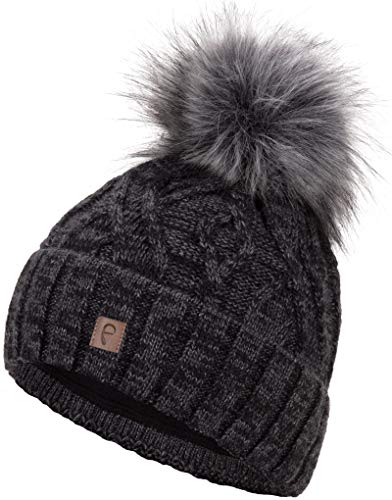 Faera Wintermütze Müttze Damen warm gefüttert mit Bommel Mädchen Bommelmütze Fleecefutter Winter Strickmütze Beanie Herren 33, Farbe:Schwarz von Faera