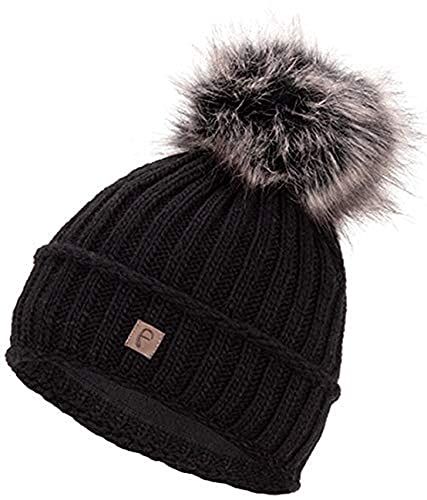 Faera Wintermütze Damen Mütze gefüttert mit Kunstfell Bommelmütze Mädchen Fleecefutter Winter Strickmütze Beanie Herren 34, Farbe:Schwarz von Faera