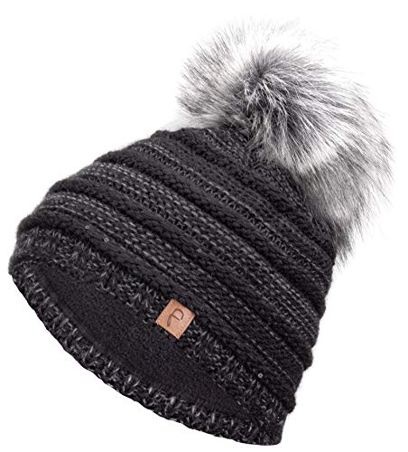 Faera Wintermütze Mütze Damen Pailletten warm gefüttert Bommelmütze Fleecefutter Winter Mädchen Strickmütze Beanie Weihnachten 36, Farbe:Schwarz von Faera