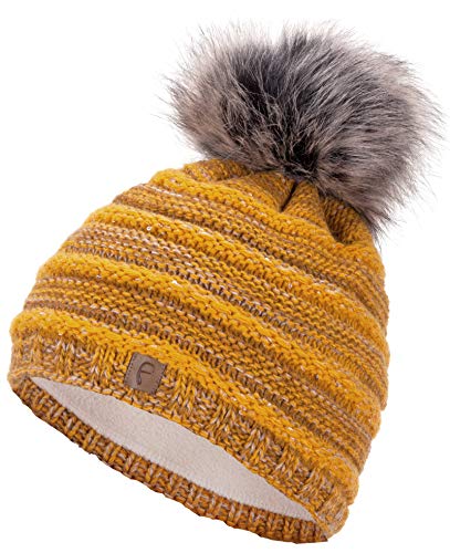 Faera Wintermütze Mütze Damen Pailletten warm gefüttert Bommelmütze Fleecefutter Winter Mädchen Strickmütze Beanie Weihnachten 36, Farbe:Senf von Faera