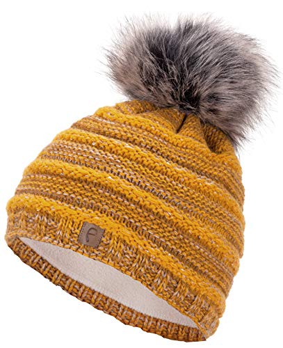 Faera Wintermütze Mütze Damen Pailletten warm gefüttert Bommelmütze Fleecefutter Winter Mädchen Strickmütze Beanie Weihnachten 36, Farbe:Senf von Faera