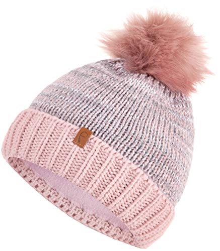 Faera Wintermütze warm gefüttert mit Kunstfell Bommel-Mütze Fleece-Futter Winter Strick-Mütze Beanie-Mütze Damen Herren One-Size 03, Farbe:Rosa von Faera