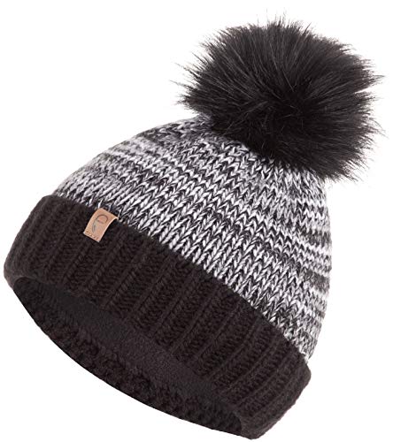 Faera Wintermütze warm gefüttert mit Kunstfell Bommel-Mütze Fleece-Futter Winter Strick-Mütze Beanie-Mütze Damen Herren One-Size 03, Farbe:Schwarz von Faera