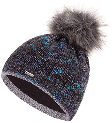 Faera Mütze Damen Wintermütze warm gefüttert mit Kunstfell Bommel-Mütze Fleecefutter Winter Strickmütze Beanie 63, Farbe:Schwarz von Faera