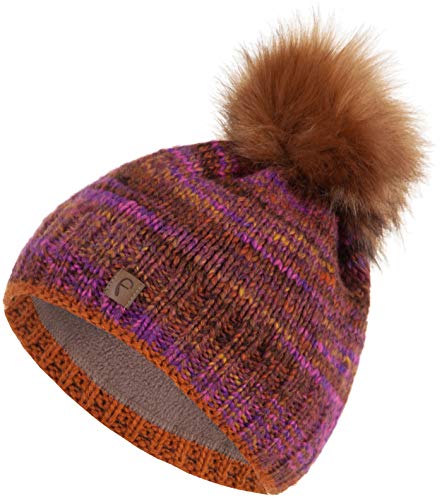 Faera Wintermütze Mütze Damen warm gefüttert mit Kunstfell Mehrfarbig Bommelmütze Fleecefutter Winter Strickmütze Beanie 59, Farbe:Lila von Faera