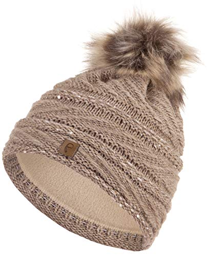 Faera Wintermütze Mütze Damen warm gefüttert mit Pailletten Kunstfell Bommel-Mütze Fleecefutter Winter Herbst Strickmütze Beanie Mädchen 62, Farbe:Beige von Faera