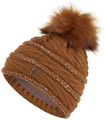 Faera Wintermütze Mütze Damen warm gefüttert mit Pailletten Kunstfell Bommel-Mütze Fleecefutter Winter Herbst Strickmütze Beanie Mädchen 62, Farbe:Braun von Faera