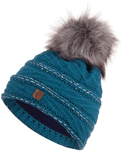 Faera Wintermütze Mütze Damen warm gefüttert mit Pailletten Kunstfell Bommel-Mütze Fleecefutter Winter Herbst Strickmütze Beanie Mädchen 62, Farbe:Petrol von Faera