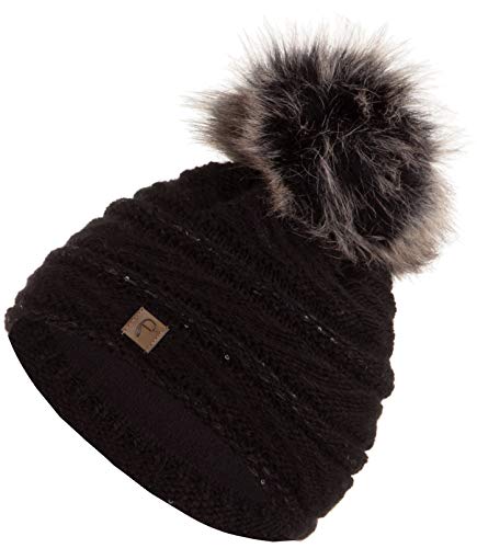 Faera Wintermütze Mütze Damen warm gefüttert mit Pailletten Kunstfell Bommel-Mütze Fleecefutter Winter Herbst Strickmütze Beanie Mädchen 62, Farbe:Schwarz von Faera