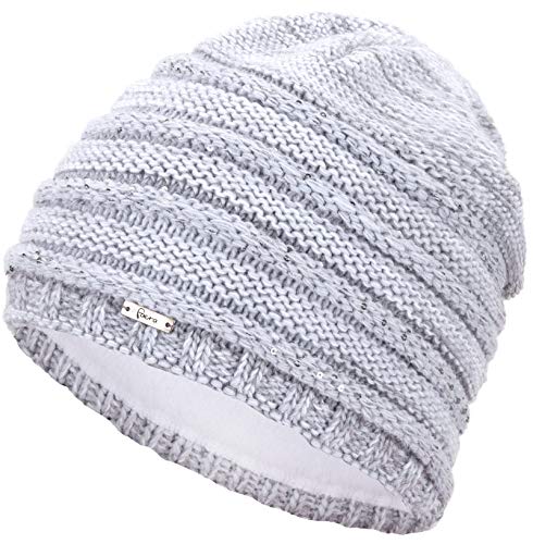 Faera Wintermütze warm gefütterte Winter-Mütze Fleece-Futter Winter Strick-Mütze Beanie-Mütze Damen Herren One-Size, Farbe:Hellgrau von Faera