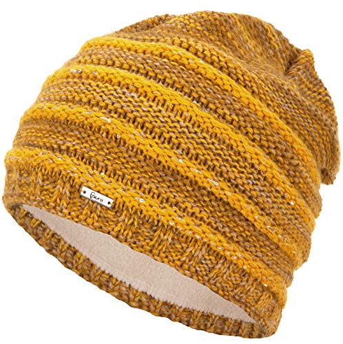 Faera Wintermütze warm gefütterte Winter-Mütze Fleece-Futter Winter Strick-Mütze Beanie-Mütze Damen Herren One-Size, Farbe:Senf von Faera