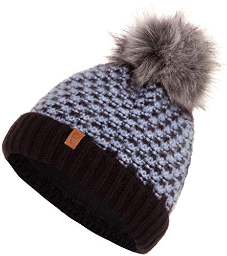 Faera Wintermütze weich gefüttert mit Kunstfell Bommel-Mütze Fleece-Futter Winter Strick-Mütze Beanie-Mütze Damen Herren One-Size 04, Farbe:Blau von Faera