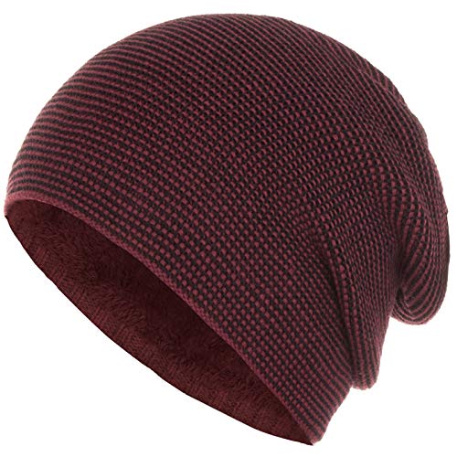 Faera warm gefütterte Beanie Wintermütze Strick-Mütze Fleece-Futter Herren Damen Mütze Haube Einheitsgröße, Farbe:Dunkelrot von Faera