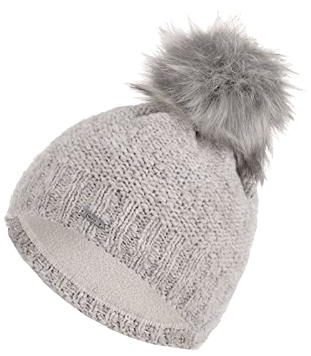 Faera weiche Wintermütze Mütze Damen warm gefüttert Kunstfell Bommel-Mütze Fleecefutter Winter Strickmütze Beanie Mädchen 65, Farbe:Hellgrau von Faera