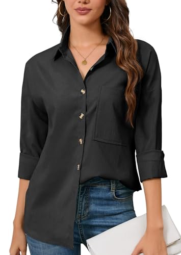 FaerieFlair Bluse Damen, Damenblusen Langarm Elegant V-Ausschnitt Hemd Longbluse,Festliche Business Oberteile Mit Knöpfen Tops Langarmshirt Schwarzes M von FaerieFlair