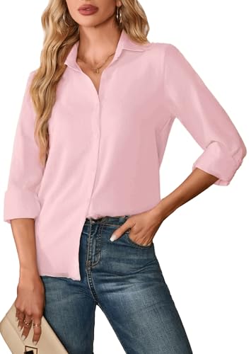 FaerieFlair Bluse Damen Oberteile Damen Sommer Lässiges Hemdbluse Knöpfen Blusenshirt Langarmshirt Basic Business Casual Blusen Top Rosa M von FaerieFlair