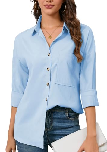 FaerieFlair Bluse Damen Sommer Musselin Leicht V Ausschnitt Oberteil Schickes Blau Hemdbluse Leinenbluse Blusenshirt Longtops Hellblau S von FaerieFlair