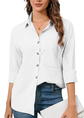 FaerieFlair Bluse Damen Weiße Sommer Hemdbluse Leinenbluse Blusenshirt Festliche Elegante Oberteile Schicke Knopfleiste Kleidung Weiss M von FaerieFlair
