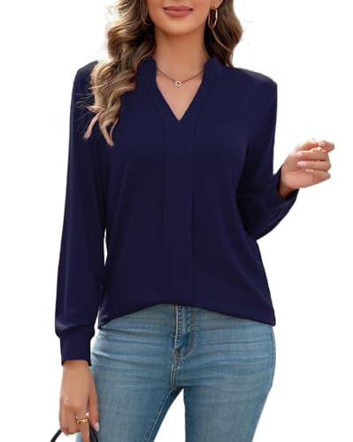 FaerieFlair Blusenshirt Damen Elegant Oberteile V Ausschnitt Langarmshirt Bluse Lockerer Longshirt Business Casual Outfit Blau XXL von FaerieFlair