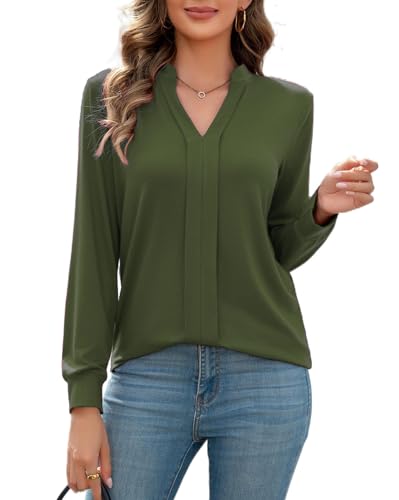 FaerieFlair Hemdbluse Damen Schickes Oberteil V Ausschnitt Bluse Einfarbig Langarmshirt Herbst Blusen & Tuniken für Damen Grün XXL von FaerieFlair