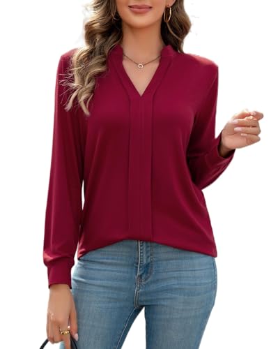 FaerieFlair Langarmshirt Damen Elegant Festlich Blusen Langärmliges Bluse Große Größen Longshirt Mode Herbst Oberteile Rot XXL von FaerieFlair