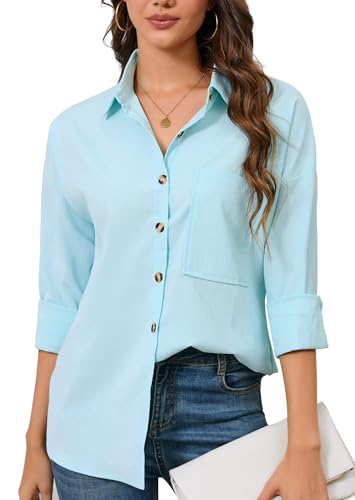 FaerieFlair Musselin Bluse Damen Lässiges 3/4 Arm Hemdbluse Longshirt Elegant Blusen & Tuniken Für Damen Einfarbig V-Ausschnitt Sommer Oberteile Mit Tasche Lichtgrün L von FaerieFlair