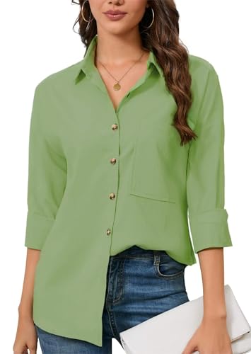 FaerieFlair Musselin Bluse Damen Lässiges 3/4 Arm Shirt Elegant Blusen & Tuniken Für Damen Einfarbig V-Ausschnitt Sommer Oberteile Mit Tasche Grün XL von FaerieFlair
