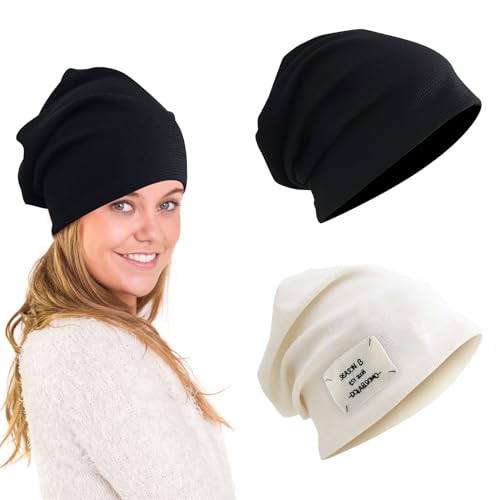 2 Stücke Dünne Beanie Mütze für Herren Und Damen, Beanie Herren Unisex Slouch Strickmützen, Longbeanie Klassische Beanie Mütze Elastisch Laufmütze für Winter (Schwarz/Weiß) von Fagent