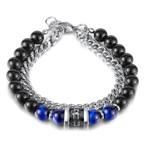 Fahonie Armband mit schwarzen Achat- und Tigeraugen-Perlen, für Männer und Frauen, mit Edelstahlkette, Blau von Fahonie