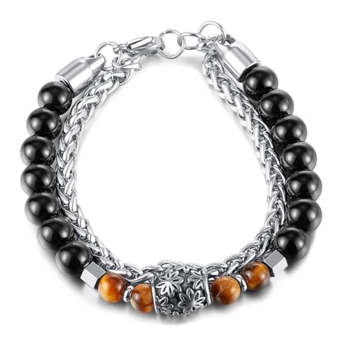 Fahonie Armband mit schwarzen Achat- und Tigeraugen-Perlen, für Männer und Frauen, mit Edelstahlkette, Braun Fahonie Armband mit schwarzen Achat- und Tigeraugen-Perlen, für Männer und Frauen, mit Edelstahlkette, Braun von Fahonie