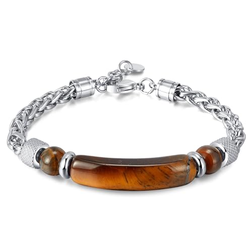 Fahonie Tigeraugen-Stein-Armband für Männer und Frauen, verstellbare Edelstahlkette, 8.9in, Edelstahl, Tigerauge von Fahonie