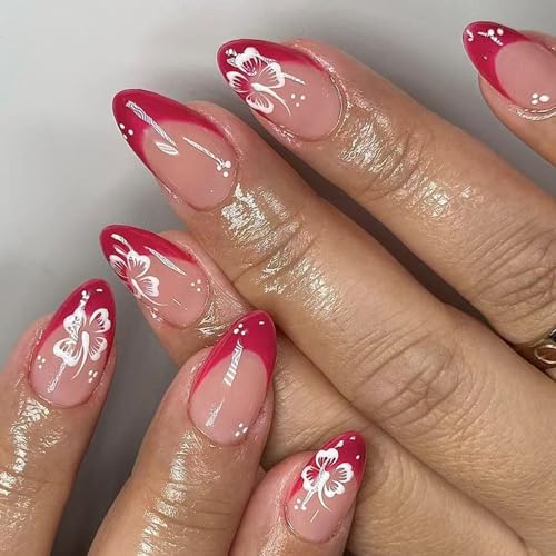 24 Pcs Mandelstab Auf Nägeln Drücken Sie Nägel Mit Blumen Designs Französische Spitze Falsche Nägel Winternägel Erklärungen Für Frauen Künstlicher Nagel von Fahoujs