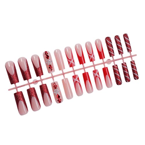 24 Stücke Weihnachtspresse Auf Nägeln Französische Quadratische Falsche Nägel Full Covers Glossy Stab Für Frauen Büro Tragen Nagel von Fahoujs