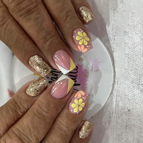 24pcs Press Auf Nails Square Fälschung Mit Blumenentwürfen Falsche Glitzer Kleber Auf Künstlich Für Frauen Fenchspitze Gefälschter Nagel von Fahoujs