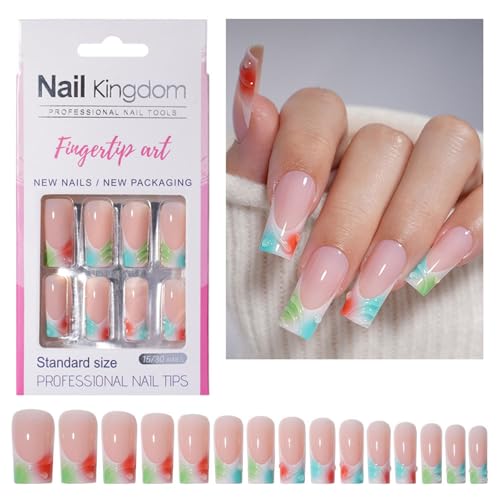 30pcs Long Square French Press Auf Nägel Glänzende Vollbezüge Kleben Auf Nägel Acryl False Nails Für Frauen Und Mädchen Easy Nagel Application von Fahoujs