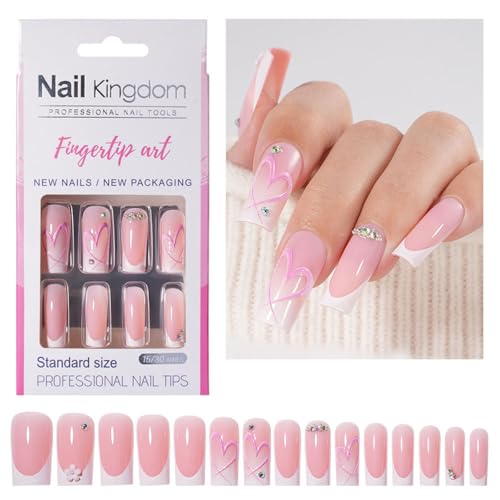 30pcs Long Square French Press Auf Nägel Glänzende Vollbezüge Kleben Auf Nägel Acryl False Nails Für Frauen Und Mädchen Easy Nagel Application von Fahoujs