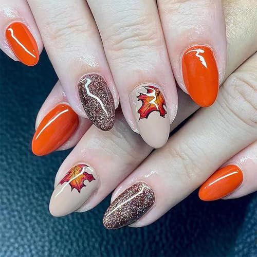 Ahornblätter Drücken Sie Auf Nägel Thanksgiving Mandel Gefälschte Nägel Künstlicher Acrylstock Für Frauen Ahornblatt Presse Nagel von Fahoujs