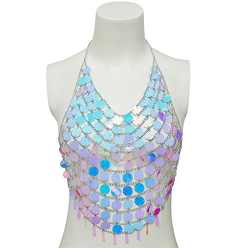 Bohomia Frauen Farbenfrohe Pailletten Quaste Brustkette Körper Schmuck Rückenfreie Auffällige Pailletten Strandweste Bra Brust von Fahoujs