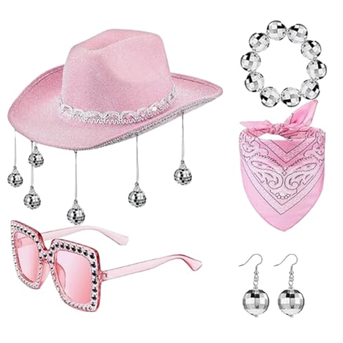 Cowboyhut für Damen, Punk, mit Kugelohrringen, Sonnenbrille, Armreif, Kopftuch, Festival, Kostüm für Cosplay, Party, Aufführungen, Sonnenbrille für Damen, Sonnenbrille, Großpackung, Rosa von Fahoujs